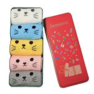 Jeasona 5 Pairs Cat Themed Face, Paws with Ears Sz 6-10 Crew Socks with Gift Tin